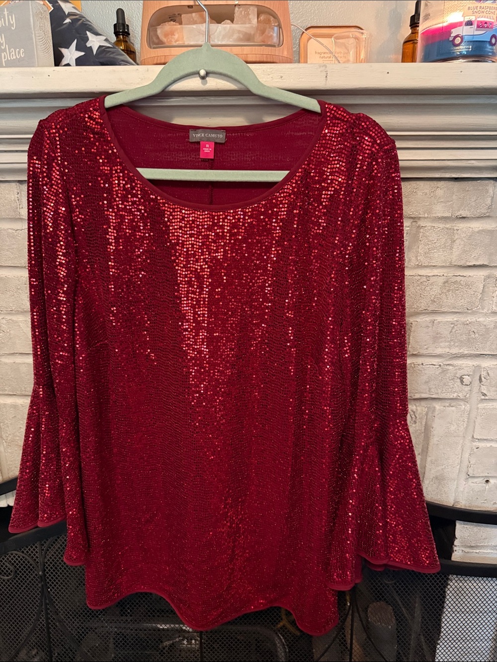 Vince Camuto Red Sequin Bell Sleeve Scoop Neck Top